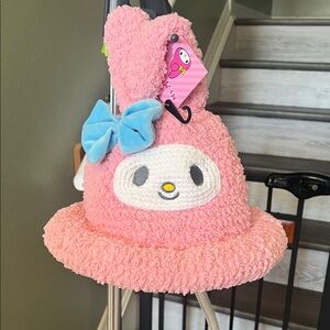 Cute Pink Character Hat with Blue Bow